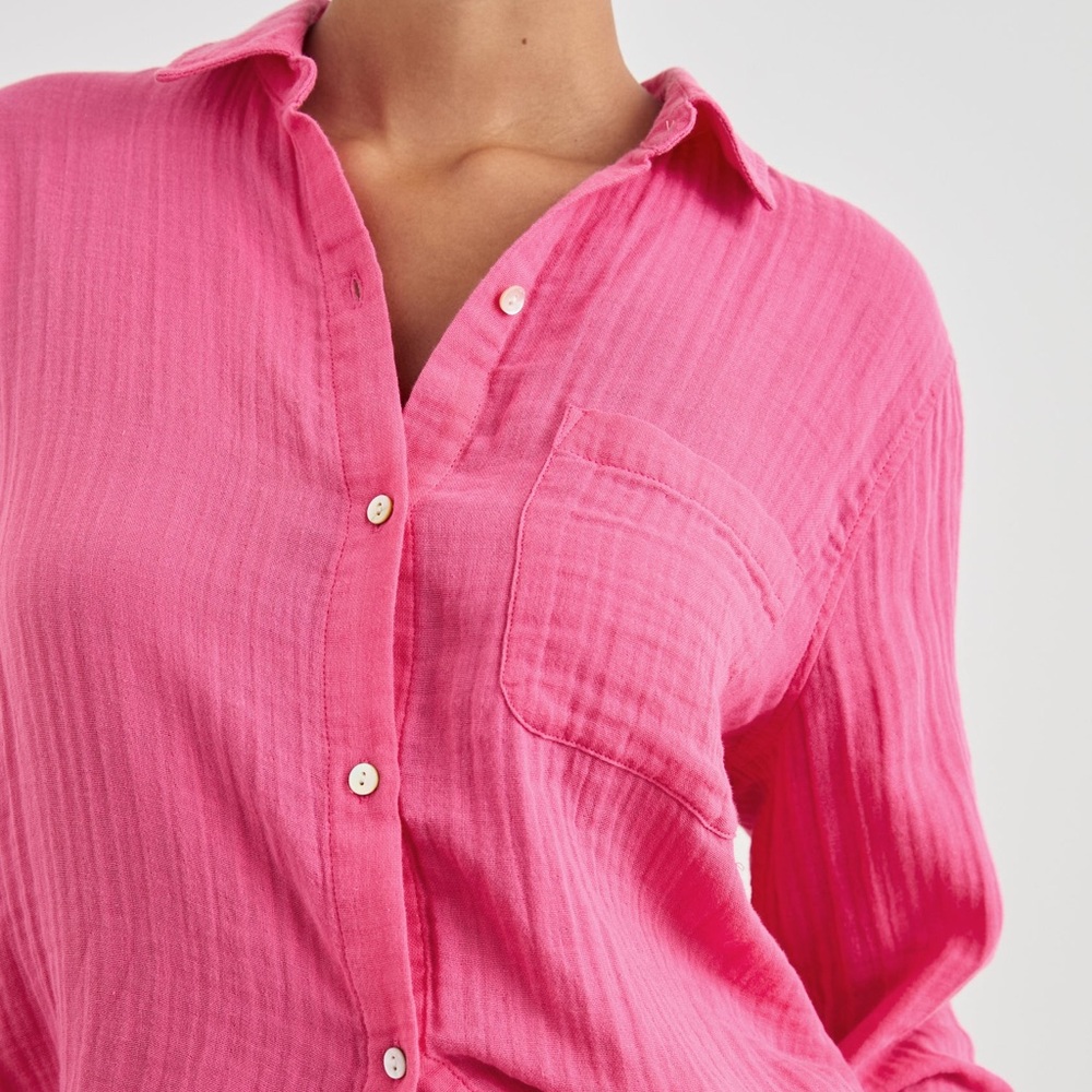 Rails Ellis Gauze Button Down Shirt Pink Hibiscus Organic Cotton M - Picture 5 of 11